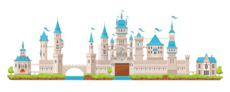Illustration for Wall and palace, gate and tower turret of Medieval fortress castle, vector cartoon fort citadel. Ancient castle or fairy tale kingdom palace with fortification towers, river bridge and turret gates - Royalty Free Image
