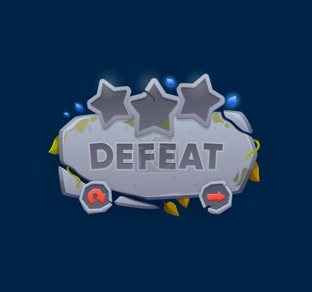 Illustration for Defeat game badge or shield, ui pop up banner signifies the defeating in challenging levels, player gaming experience element with broken stone plate, leaves, liana, moss, stars and arrow buttons - Royalty Free Image