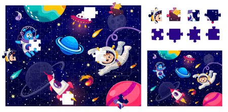 Illustration for Jigsaw puzzle game pieces. Astronaut and alien in outer space. Form match vector riddle worksheet with alien and kid spaceman cute characters, rocket and UFO saucer spaceship, planet in starry galaxy - Royalty Free Image