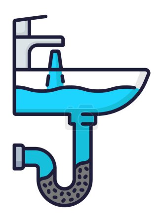 Illustration for Plumber service color icon for water pipes plumbing, cleaning and fix, vector outline symbol. Kitchen or bathroom sink sewerage drain or pipeline problem repair and plumbing maintenance service icon - Royalty Free Image