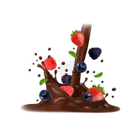 Illustration for Realistic chocolate milk drink crown splash with berries and mint leaves. Vector pouring cocoa dessert food with 3d fresh strawberry, blueberry, raspberry and blackberry fruits, splashes and drops - Royalty Free Image