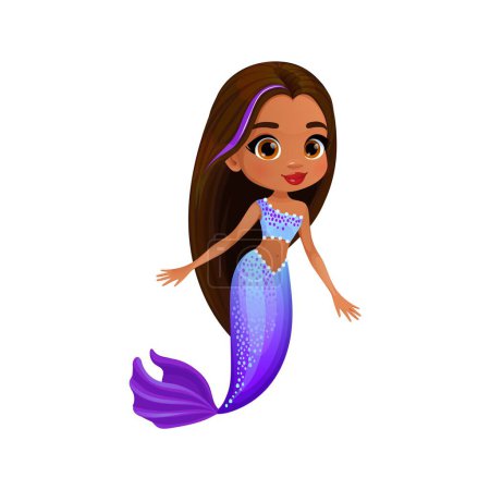 Illustration for Cartoon mermaid character. Isolated vector adorable underwater princess with dark skin and playful expression, flowing hair, and purple shimmering tail. Fairytale story or game whimsical personage - Royalty Free Image