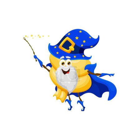 Illustration for Cartoon Halloween funghetto pasta wizard character. Italian pasta mage, wizard or sorcerer cheerful vector personage. Funghetto pasta magician vector happy mascot in hat and cape waving magic wand - Royalty Free Image