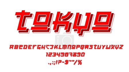 Illustration for Anime font or Japanese type, retro alphabet and Tokyo arcade typeface, vector hieroglyph letters and numbers. Japanese font or anime type alphabet and ABC typeset in Japan script signs in typescript - Royalty Free Image