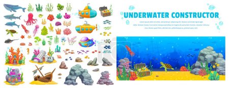 Illustration for Underwater landscape constructor kit. Cartoon animals, seaweeds, submarines and fairytale houses. Vector tropical fish shoals, octopus, whale, shark and dolphin, treasure chest, sunken ship, rocks set - Royalty Free Image