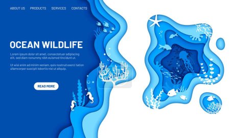 Illustration for Underwater landing page with paper cut sea landscape, animals and seaweeds, vector website template. Ocean wildlife and undersea world landing page in papercut layers of jellyfish, seahorse and fishes - Royalty Free Image