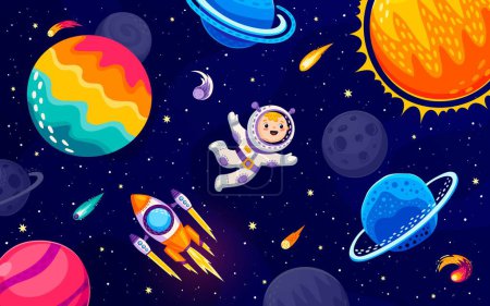 Illustration for Cartoon astronaut character in outer space, galaxy planets and flying starship. Little boy cosmonaut exploring the vast expanse of the universe, floats among planets and encounters majestic shuttle - Royalty Free Image