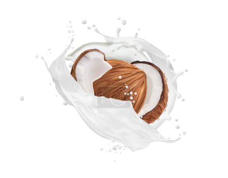 Ilustración de Leche de coco blanca realista o flujo de salpicaduras de aceite de coco para dulces o beber fondo vectorial. Salpicadura de leche de coco con gotas fluidas para batido, helado o paquete de postre de yogur - Imagen libre de derechos
