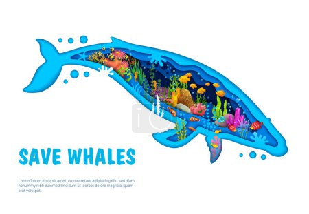 Ilustración de Guardar bandera de ballenas marinas, silueta de ballena cortada en papel con paisaje submarino, vector eco cartel. Cartel de protección del ecosistema submarino y marino para salvar ballenas marinas en capas cortadas en papel - Imagen libre de derechos