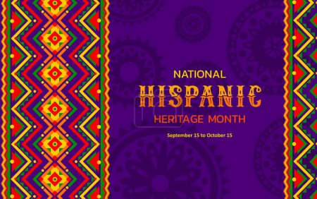 Illustration for National hispanic heritage month festival banner with ethnic ornament pattern. Latin culture carnival background, Hispanic heritage festival vector flyer with mexican traditional embroidery ornament - Royalty Free Image