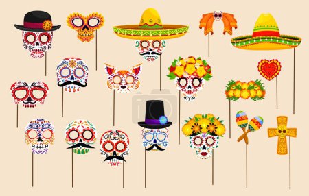 Illustration for Mexican dead day photo booth masks with props. Dia de los muertos holiday sugar and animal skull, sombrero, moustaches, catrin and guitar party mask. Vector carnival calavera, maracas, cross and heart - Royalty Free Image