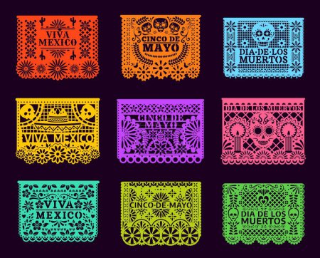 Illustration for Mexican paper cut holiday flags. Cinco de mayo, dia de los muertos, viva mexico papel picado ornaments. Isolated vector laser cutting templates, traditional decor with floral pattern, skulls - Royalty Free Image