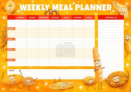 Illustration for Weekly meal planner. Cartoon pastry, bakery and bread characters. Cooking week journal, daily vector schedule with pretzel, barbari, burger bun and chapati, baguette, tiger, marraqueta bread personage - Royalty Free Image