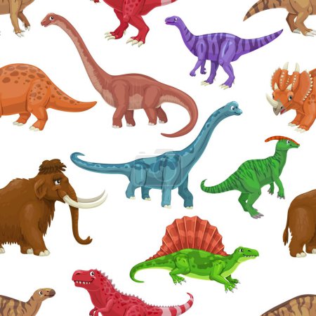 Illustration for Cartoon dinosaur characters seamless pattern. Textile vector backdrop, fabric print with Tarbosaurus, Dimetrodon, Parasaurolophus and Centrosaurus, Plateosaurus dinosaurs, reptiles funny personages - Royalty Free Image