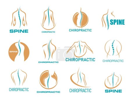 Chiropractic medicine icons, physiotherapy, spine back pain and body health massage, vector symbols. Chiropractic therapy or physiotherapy clinic and osteopathic chiropractor center emblems set