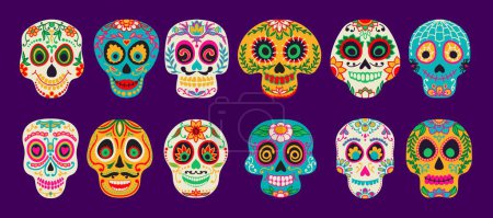 Téléchargez les illustrations : Crânes mexicains de sucre de calavera. Dia de los muertos jour des crânes de vacances morts. avec des fleurs et motif floral. Fête des crânes décoratifs morts, symboles traditionnels du festival mexicain - en licence libre de droit