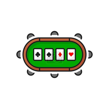 Illustration for Table with aces poker card, gamble games color line icon. Vector casino furniture and poker aces combination, green table and chairs - Royalty Free Image
