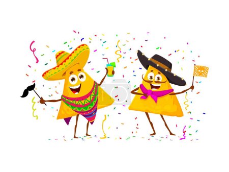 Ilustración de Personajes mexicanos de nachos chips en fiesta de vacaciones. Fiesta de cumpleaños felicitando, fiesta de celebración de dibujos animados vector personajes cómicos, comida rápida mexicana lindo nachos snack en sombrero sombrero sombrero y poncho - Imagen libre de derechos