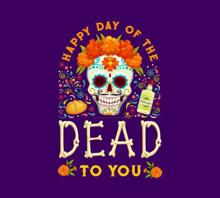 Illustration for Day of the Dead Dia de los Muertos mexican holiday banner. Mexican culture festival invitation, Day of the Dead carnival vector poster with sugar calavera skull, marigold flower, tequila and bones - Royalty Free Image