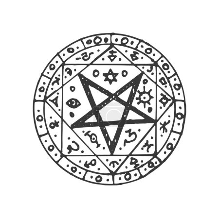 Ilustración de Amuleto esotérico, tarot mágico círculo masón talismán. Talismán oculto vectorial con signos mágicos aztecas, círculo sagrado espiritual místico esotérico del misterio - Imagen libre de derechos