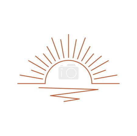 Ilustración de Brillo solar geométrico boho lineal vectorial, plantilla de diseño del logotipo del sol, icono bohemio del amanecer o del atardecer. Sol brillante abstracto en estilo retro - Imagen libre de derechos