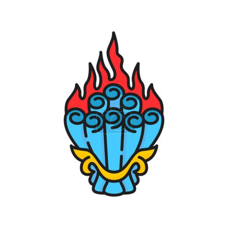 Ilustración de Norbu mebar alfombra tibetana buddhiam símbolo de la religión icono contorno. Vector llama joya viejo símbolo budista, emblema chino de la riqueza. Seis motivos en el fuego - Imagen libre de derechos