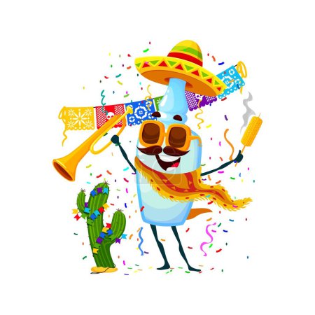 Illustration for Mexican tequila bottle character on holiday party. Birthday party or holiday cartoon vector cheerful personage of tequila drink mariachi wearing poncho and sombrero, eating corn and playing on trumpet - Royalty Free Image