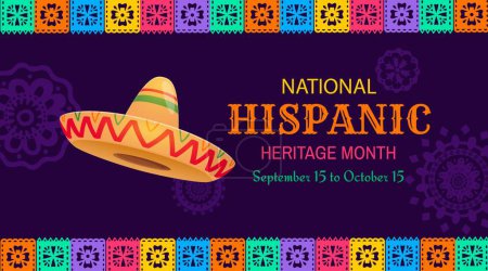 Illustration for Sombrero hat and papel picado flags, national hispanic heritage month festival banner. Vector background for celebration annual event honoring the rich cultural contributions of spanish community - Royalty Free Image