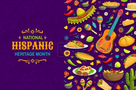 Illustration for National hispanic heritage month banner. Cuisine, sombrero, musical instruments and flowers. Mexican national holiday background, ethnic festival vector flyer with guitar, maracas, taco and nacho - Royalty Free Image