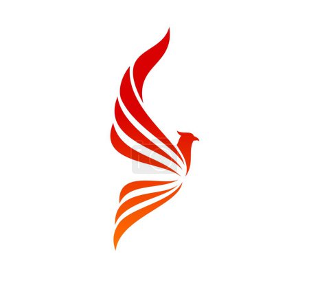 Ilustración de Phoenix bird fire icon, flying silhouette wings of eagle or halcon, vector flame symbol. Phoenix emblema de lujo pájaro de fuego o tatuaje de la mascota con alas de plumas rojas, creciente icono fénix para la empresa - Imagen libre de derechos