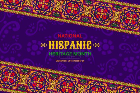 Illustration for National hispanic heritage month festival banner with ethnic ornament patterns. Mexican and Spanish national festival banner, Hispanic heritage month vector background with mexican flourish ornament - Royalty Free Image