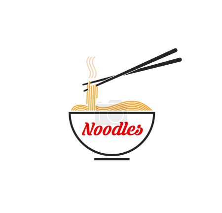 Illustration for Ramen noodles icon. Japanese ramen restaurant, oriental cuisine cafe or Asian fast food menu vector symbol or pictogram. Chinese cuisine meal sign or icon with noodles bowl and chopsticks - Royalty Free Image