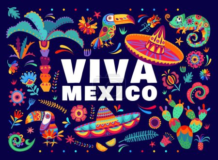 Téléchargez les illustrations : Bannière mexicaine Viva avec fleurs tropicales, cactus et caméléons, chapeau de sombrero mexicain et toucans. Fond vectoriel, capturer l'essence vibrante de la culture mexicaine, célébrer une occasion spéciale - en licence libre de droit