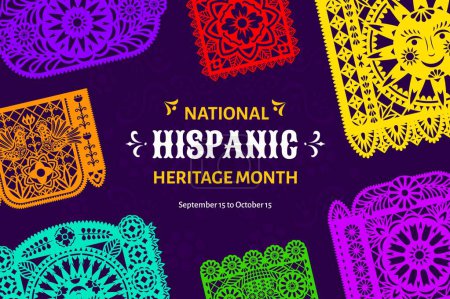 Illustration for National hispanic heritage month festival banner with papel picado flags. Mexican and Spanish carnival banner, Hispanic heritage holiday vector flyer with mexican papel picado paper cut garland - Royalty Free Image