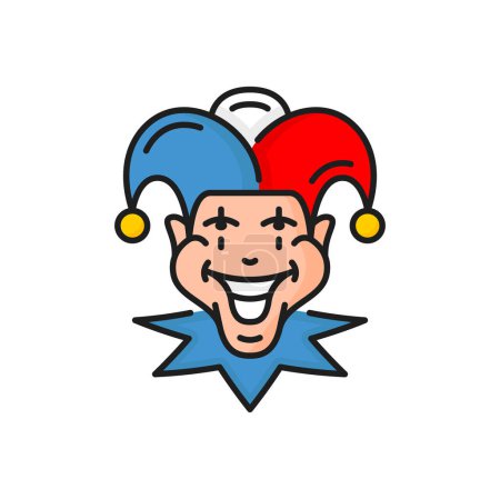 Illustration for Joker funny clown, comic circus character color line icon. Vector fool or blackjack personage, casino face, medieval jester in hat with bells - Royalty Free Image