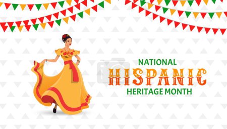 Illustration for Dancing woman on national hispanic heritage month festival banner. Vector background with flag garlands and young female character dancer wear traditional dress perfotm expressive flamenco dance - Royalty Free Image
