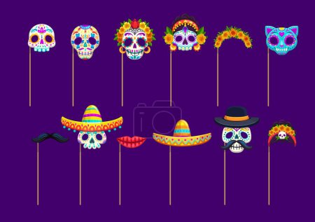 Illustration for Mexican dead day photo booth masks with props. Dia de los muertos holiday sugar and animal skull, sombrero, moustaches, catrin and lips masks. Vector carnival calavera, whisker and cat head on sticks - Royalty Free Image