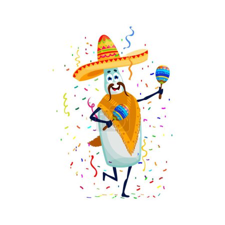 Téléchargez les illustrations : Bouteille de pulque mexicaine personnage sur fête de vacances. Anniversaire fête salutation dessin animé vecteur mignon mascotte de pulgue bouteille de boisson mexicaine personnage drôle dans sombrero, danser et jouer sur les maracas - en licence libre de droit
