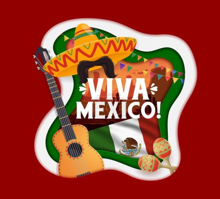 Illustration for Viva Mexico paper cut banner with national Mexican flag, sombrero, guitar and maracas, vector background. Mexico culture and traditions poster with sombrero and mustaches, maracas and bunting flags - Royalty Free Image