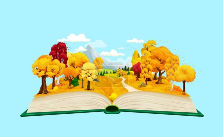 Illustration for Cartoon opened book with autumn forest and mountains nature landscape. Vector magic book with fairytale fall season forest trees and plants, yellow fields, pathway and birds in blue sky - Royalty Free Image