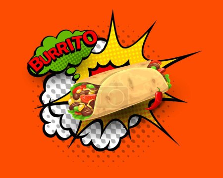 Illustration for Tex Mex Mexican burrito on retro halftone bubbles and explosion, Mexico food vector background. Mexican cuisine fast food or restaurant menu poster with burrito wrap on halftone cloud with boom bubble - Royalty Free Image