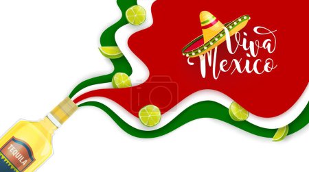 Téléchargez les illustrations : Bannière en papier Viva Mexico avec sombrero mexicain, tequila et chaux sur drapeau mexicain, fond vectoriel. Fête mexicaine ou fête nationale et fête de fête affiche en couches de papier découpé - en licence libre de droit