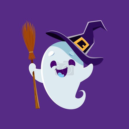 Illustration for Cartoon cute kawaii halloween ghost monster character donning a charming witch hat and carrying a broomstick, exuding a delightful mix of spookiness and cuteness. Adorable vector spirit personage - Royalty Free Image