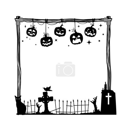 Illustration for Halloween holiday black frame. Isolated vector eerie square border featuring a spooky cemetery, black cat, haunting zombie hands, crow bird, candles and grinning pumpkins. Spooky holiday decorations - Royalty Free Image
