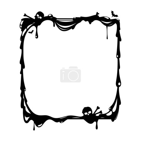 Halloween holiday black frame adorned with skulls, bats, and gooey details, capturing the spooky essence of the holiday. Isolated vector square border with haunting decor for displaying eerie memories