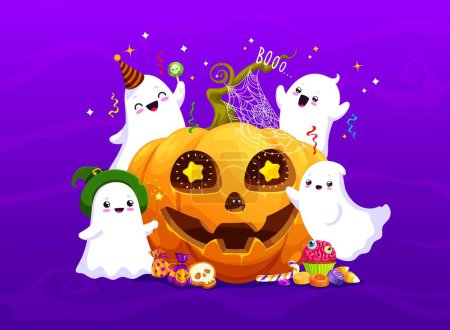Illustration for Halloween kawaii ghosts characters and funny pumpkin with sweets. Trick or treat vector background with cute spooks, jack-o-lantern and muffins or candies like candy cane, marshmallow and lollipops - Royalty Free Image