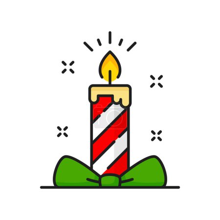Illustration for Christmas candle with green bow line icon, winter holidays design element. Burning candle New Year romantic decoration - Royalty Free Image