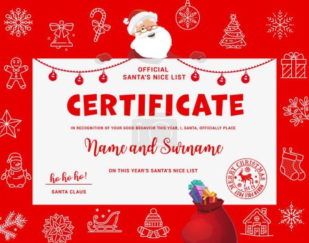 Illustration for Christmas Santa certificate. Vector diploma template with Father Noel character, garland and xmas icons snowflake, bell, candy cane or pine tree. Gift, socks, sleigh and gingerbread house or snowman - Royalty Free Image