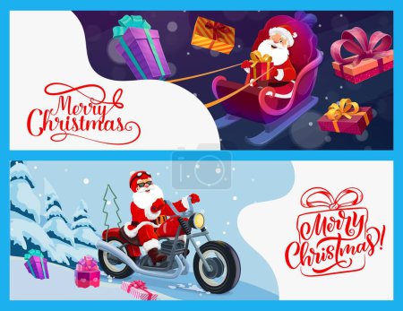 Illustration for Christmas banner with cartoon Santa on bike and sleigh. Christmas or New Year holiday 3d backdrop or vector wallpaper. Winter holiday paper cut background with funny Santa character delivering gifts - Royalty Free Image