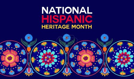 Illustration for National Hispanic heritage month festival banner with tropical floral ornament pattern, vector background. Hispanic Americans ethnic culture, tradition and art heritage poster for Latin festival - Royalty Free Image